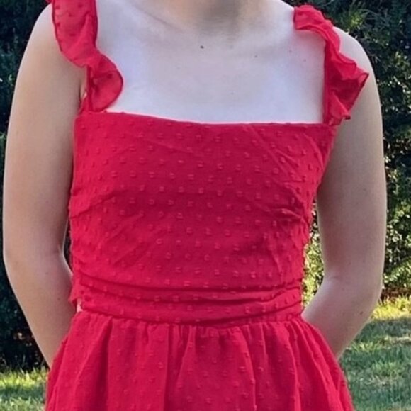 Red Dotted Chiffon Fit and Flare Dress - Picture 2 of 5